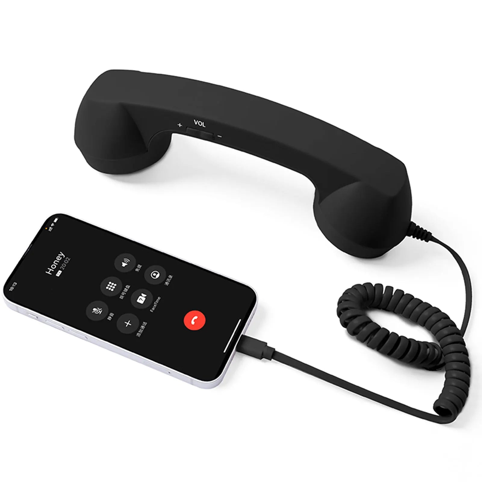 Black Retro Mobile Phone Handset connected to a USB-C smartphone