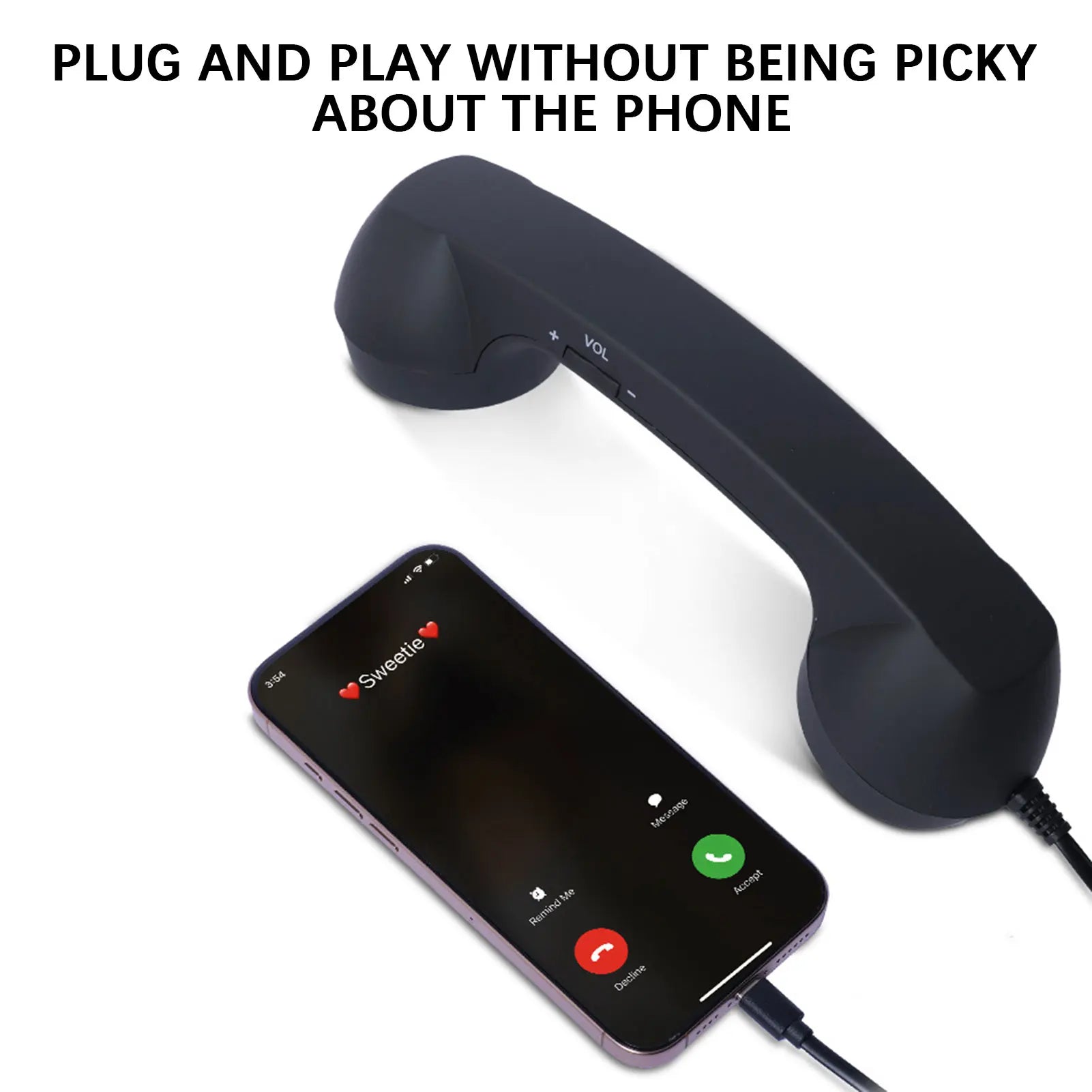 Black Retro Mobile Phone Handset plugged into a smartphone by USB-C