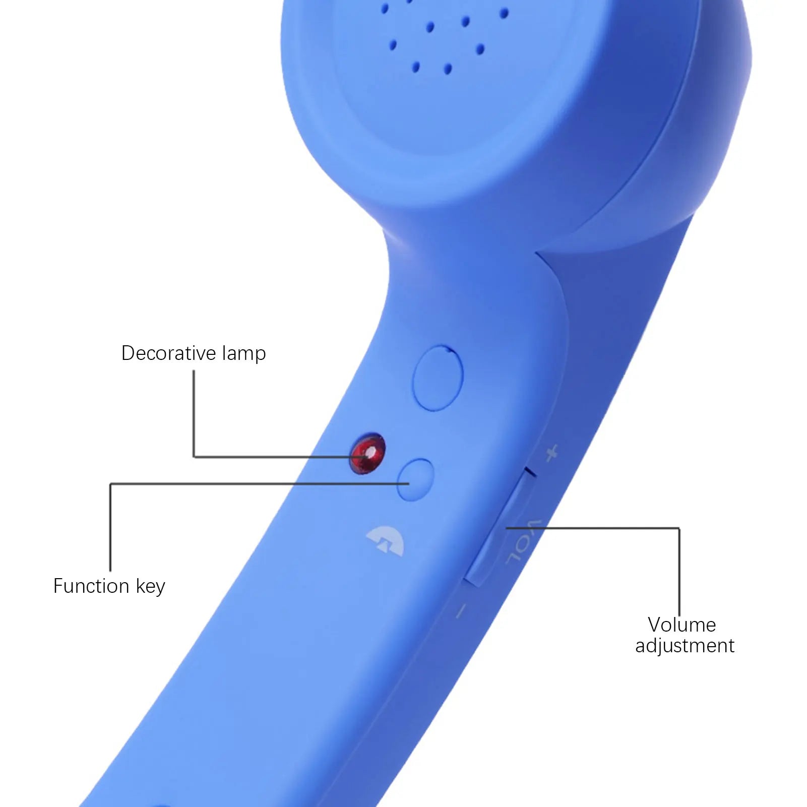 Blue Retro Mobile Phone Handset close-up showing the function and volume controls