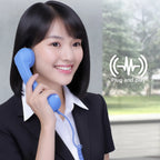 Woman holding the blue Retro Mobile Phone Handset with a plug-and-play graphic