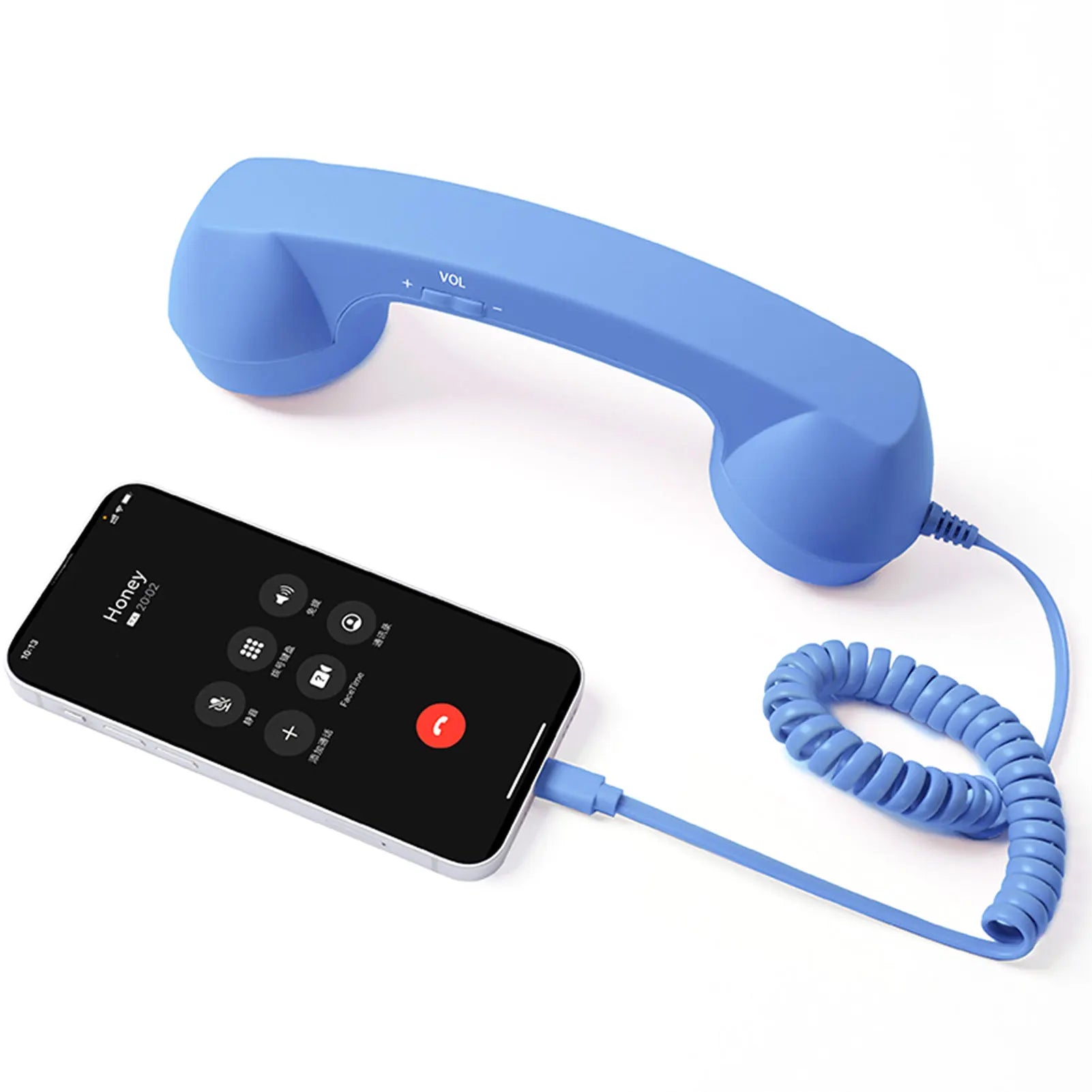 Blue Retro Mobile Phone Handset connected to a USB-C smartphone