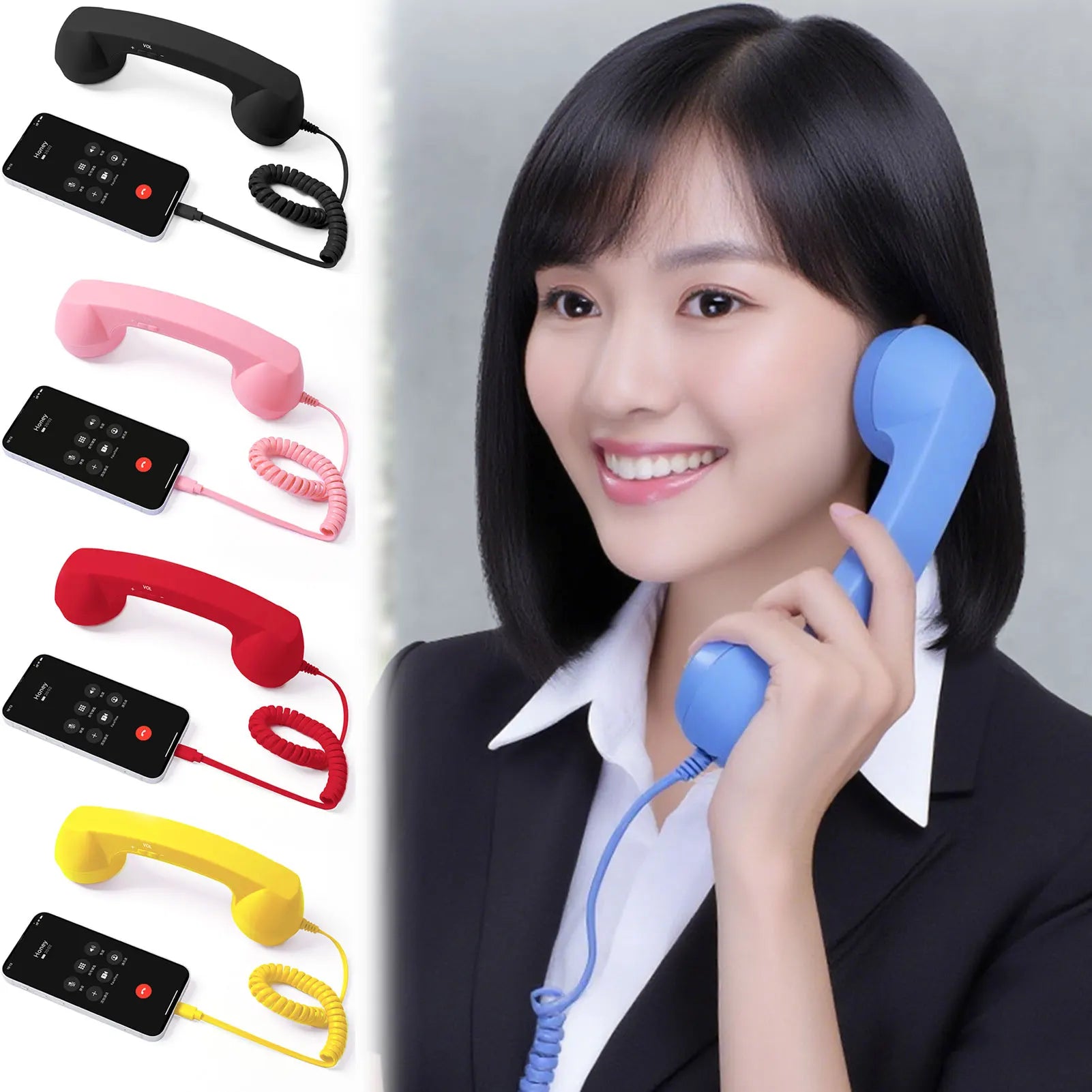Woman using the blue Retro Mobile Phone Handset beside black, pink, red and yellow options
