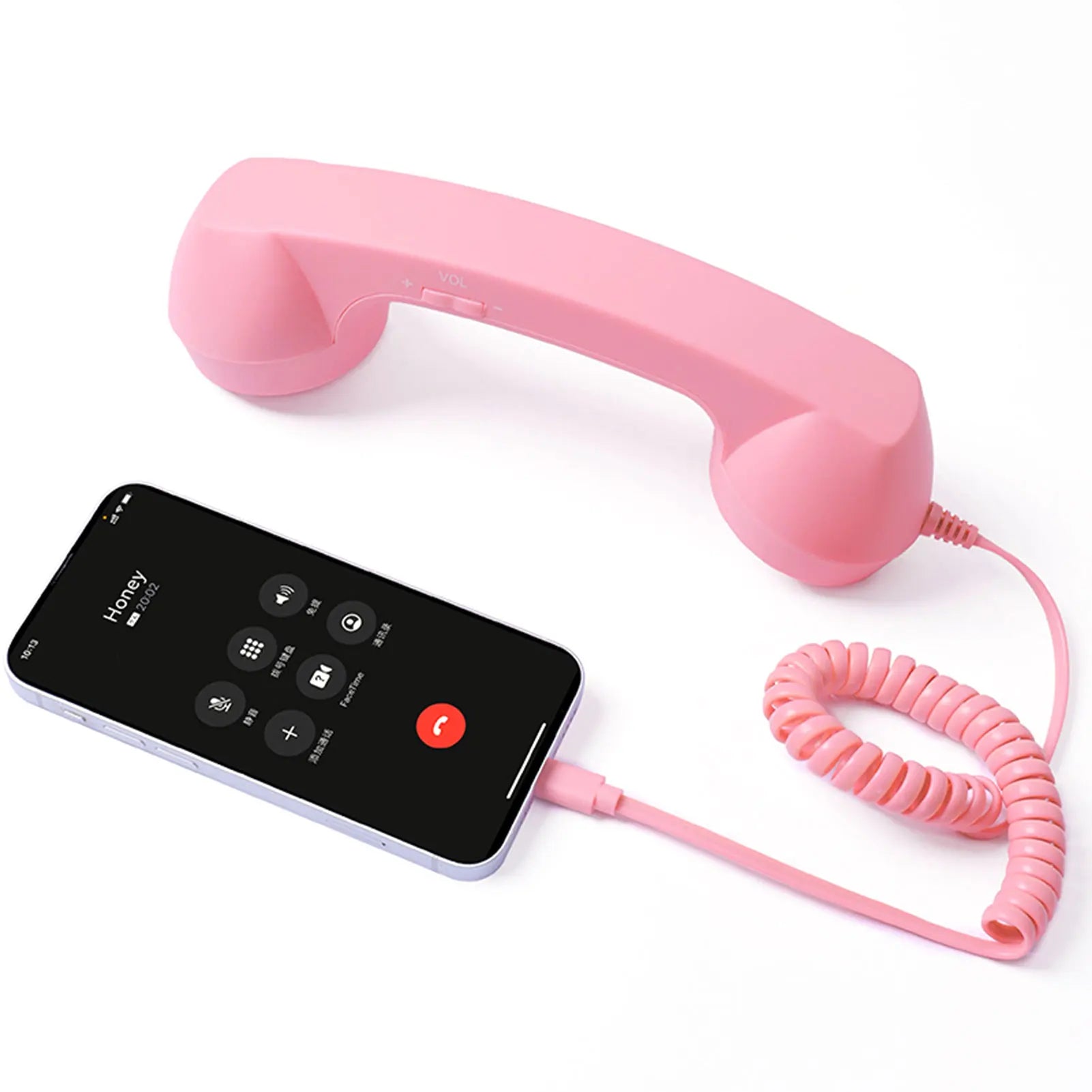 Pink Retro Mobile Phone Handset connected to a USB-C smartphone