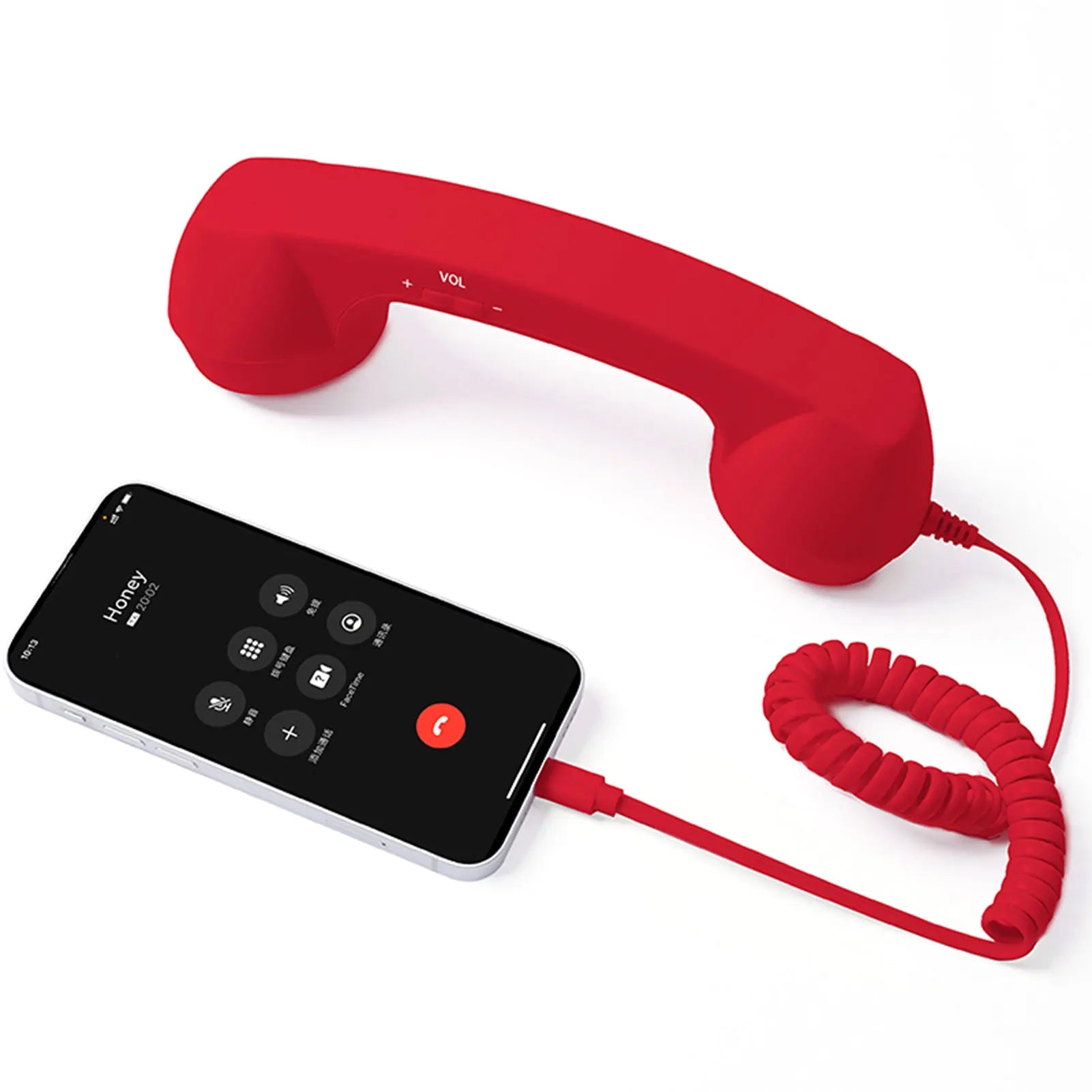 Red Retro Mobile Phone Handset connected to a USB-C smartphone