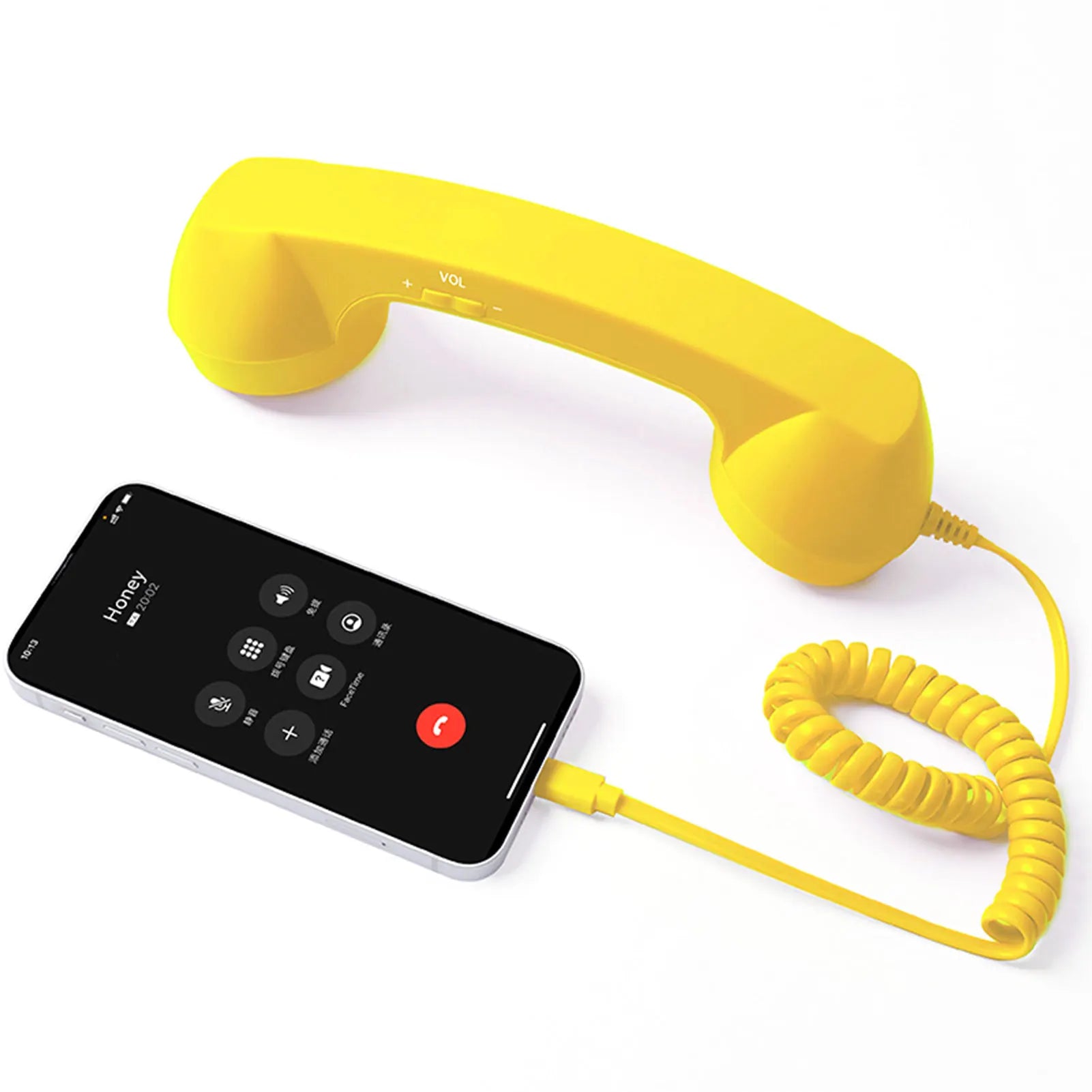 Yellow Retro Mobile Phone Handset connected to a USB-C smartphone