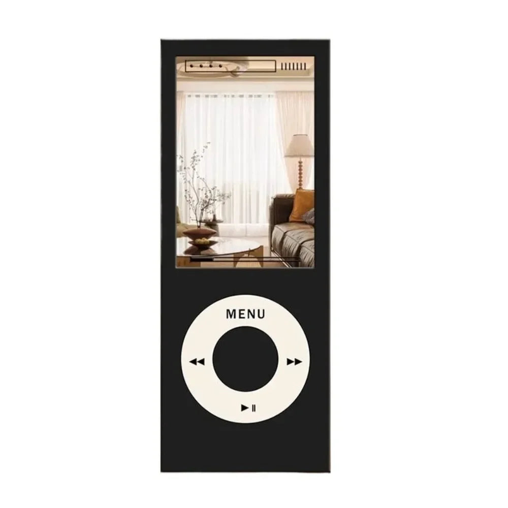Retro MP3 Wall Mirror black variant shown from the front on a white background with its control-wheel design
