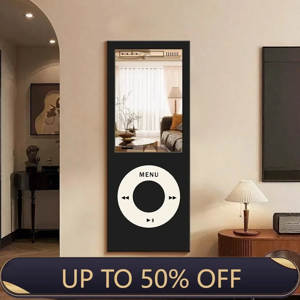 Retro MP3 Wall Mirror in black mounted in a living room with a promotional banner across the lower image