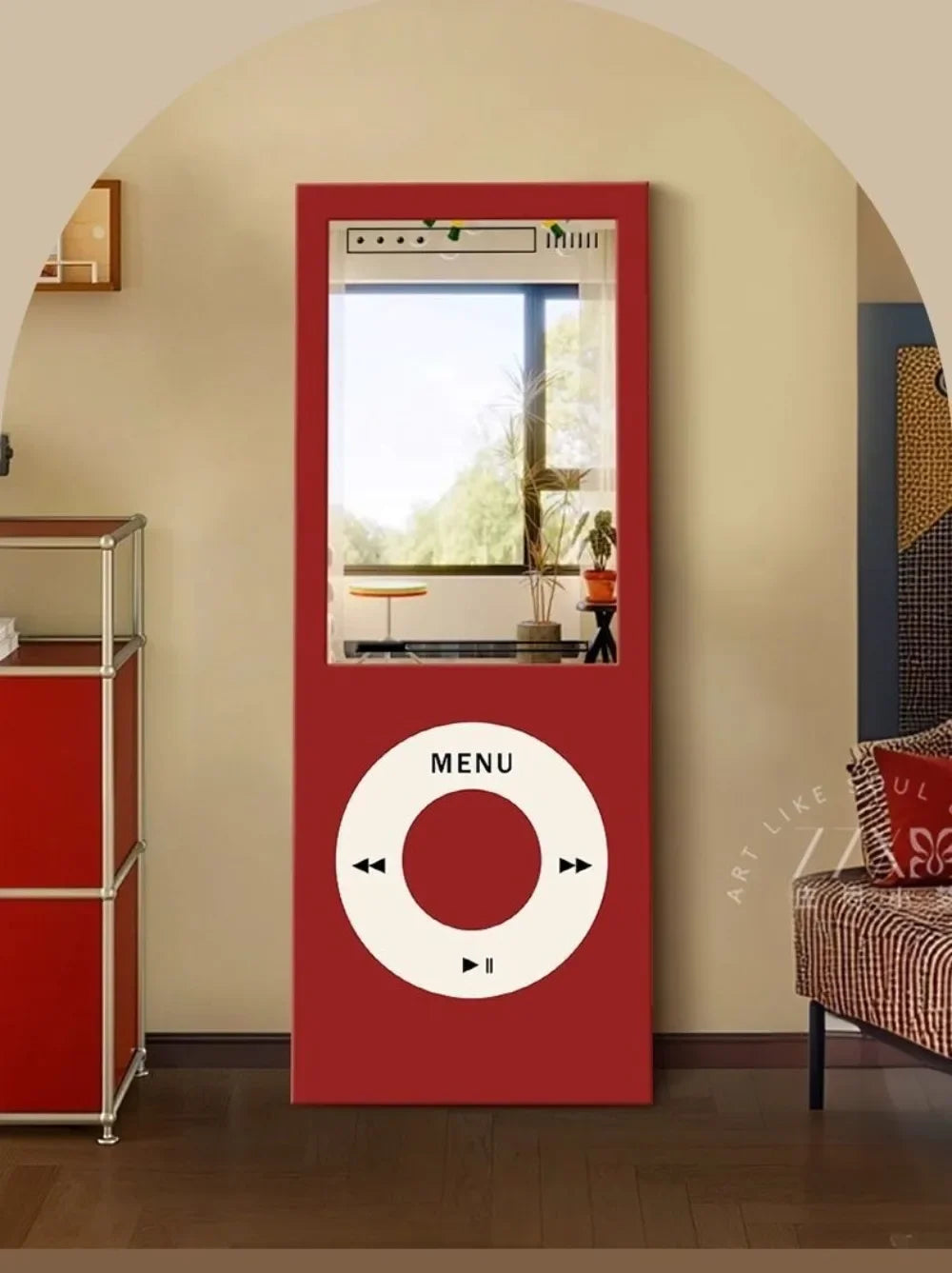 Retro MP3 Wall Mirror in red framed by an arched room view with its upper reflective section clearly visible
