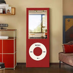 Retro MP3 Wall Mirror in red shown upright beside a matching red cabinet and patterned chair