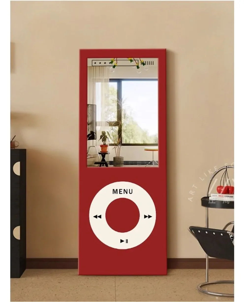 Retro MP3 Wall Mirror red variant shown full length in a warm interior with black furniture and a metal chair