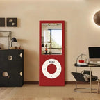Retro MP3 Wall Mirror in red displayed upright in a modern living room with its reflective upper panel visible