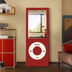 Retro MP3 Wall Mirror in red displayed as a statement piece beside a red cabinet and patterned lounge chair