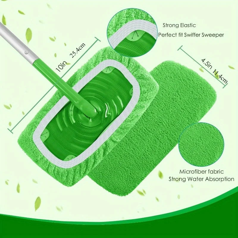 Green microfiber mop pad dimensions and gathered elastic edge details
