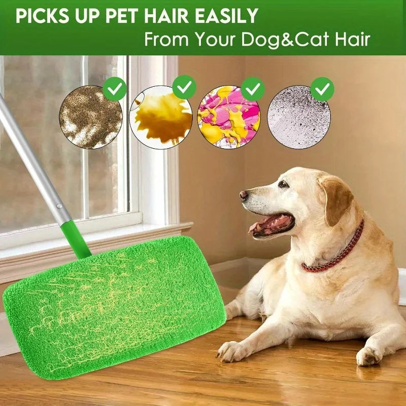 Green reusable floor mop pad picking up pet hair beside a dog and cat hair examples
