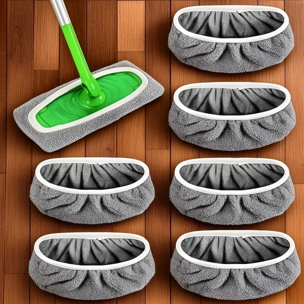 Gray Reusable Floor Mop Pads displayed beside a fitted flat mop on wood flooring