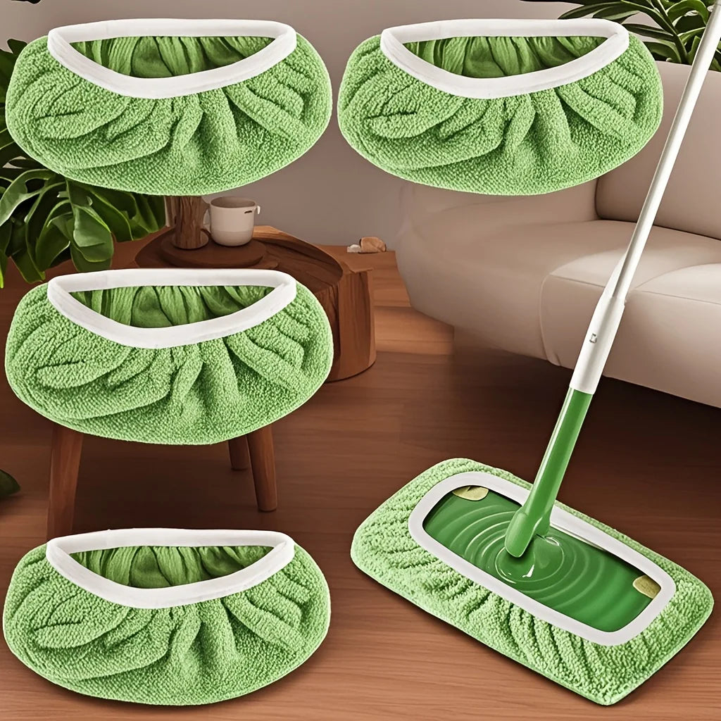 Green Reusable Floor Mop Pads displayed in a home with one fitted to a flat mop