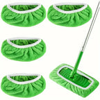 Green Reusable Floor Mop Pads set with one pad fitted around a flat mop head
