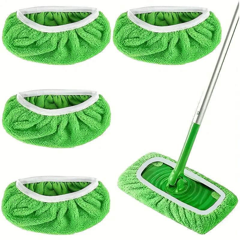 Green Reusable Floor Mop Pads set with one pad fitted around a flat mop head
