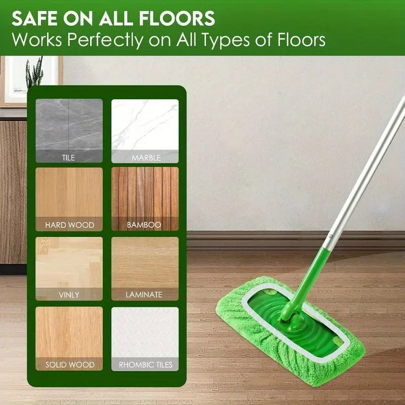 Reusable green mop pad guide showing compatible hard floor surface examples