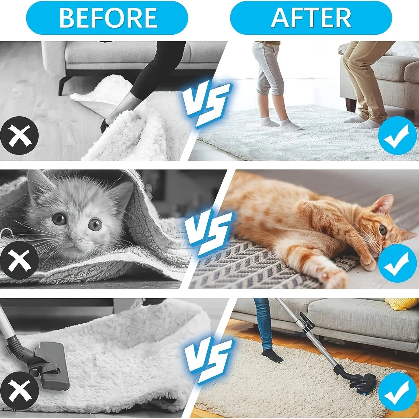Reusable Rug Grippers before-and-after examples for walking, pet activity, and vacuuming