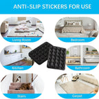Reusable Rug Grippers black pads shown with living room, bedroom, kitchen, bathroom, stair, and carpet uses