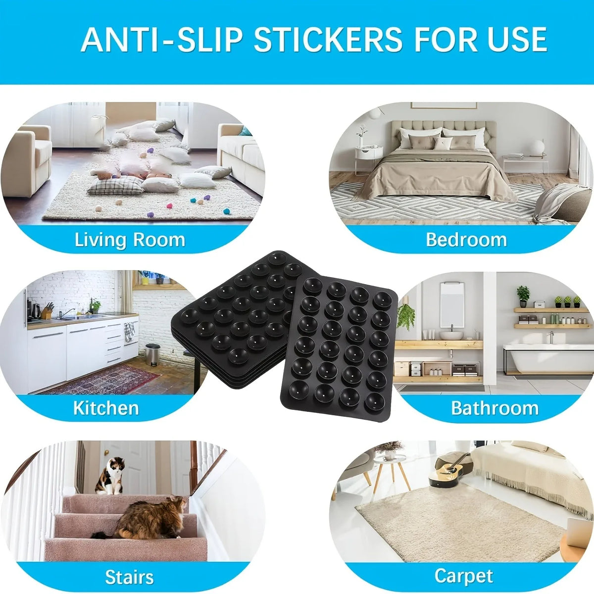 Reusable Rug Grippers black pads shown with living room, bedroom, kitchen, bathroom, stair, and carpet uses