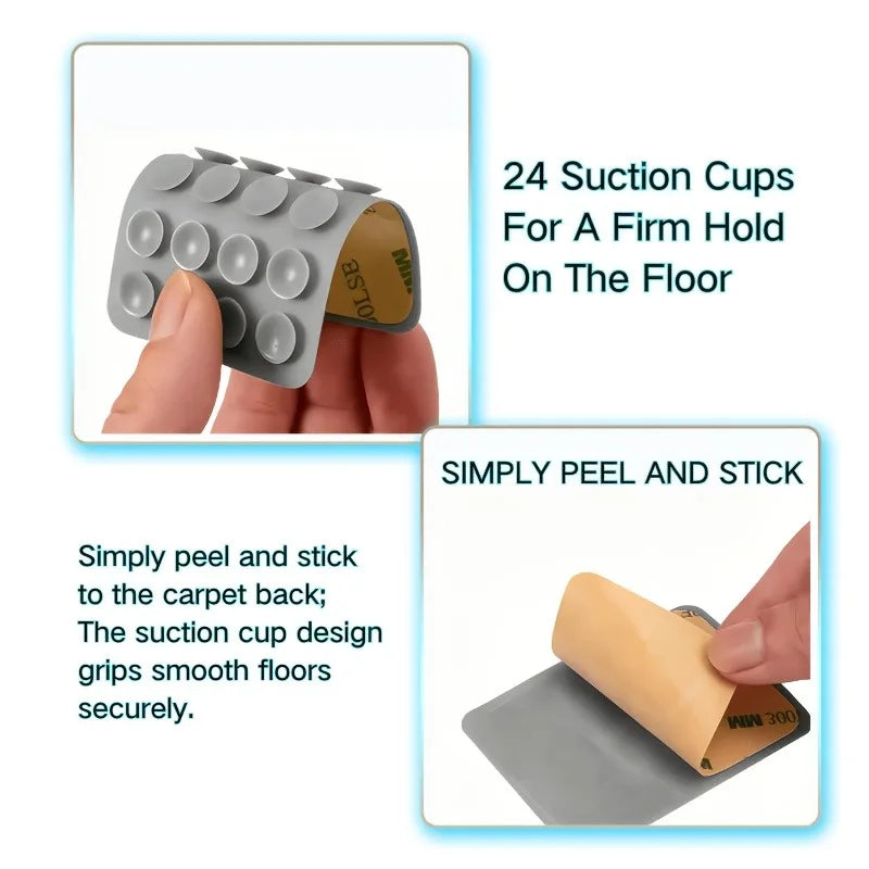 Reusable Rug Grippers bent to show the 24 suction cups and peel-and-stick carpet backing