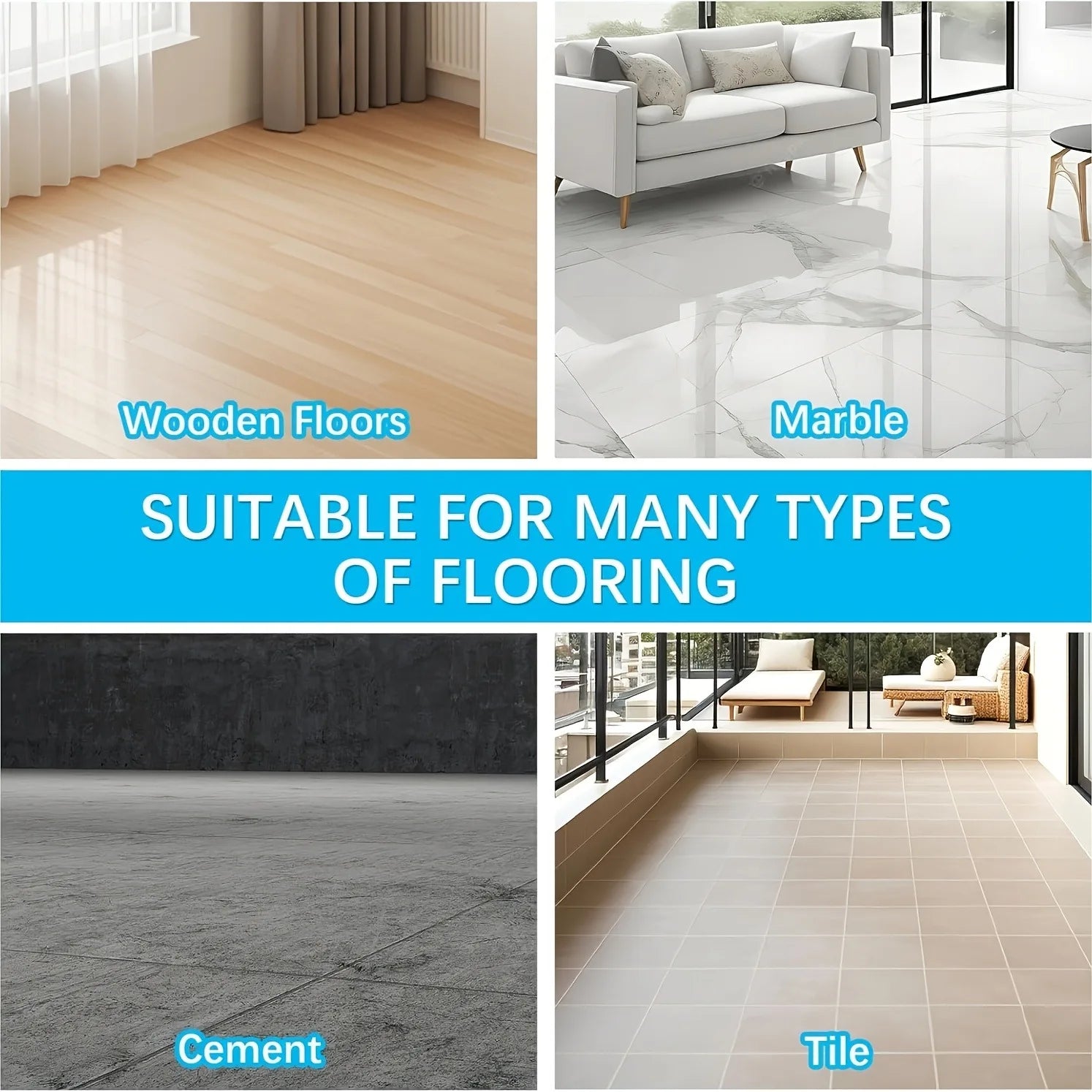 Reusable Rug Grippers floor guide showing wooden, marble, cement, and tile surfaces