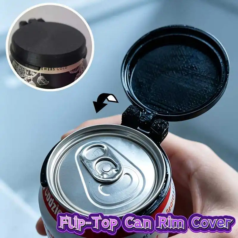 Reusable Soda Can Lid in black shown open on a beverage can, with an inset showing the lid closed.
