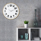 Wooden-frame Reverse Number Wall Clock displayed on a concrete wall above shelving