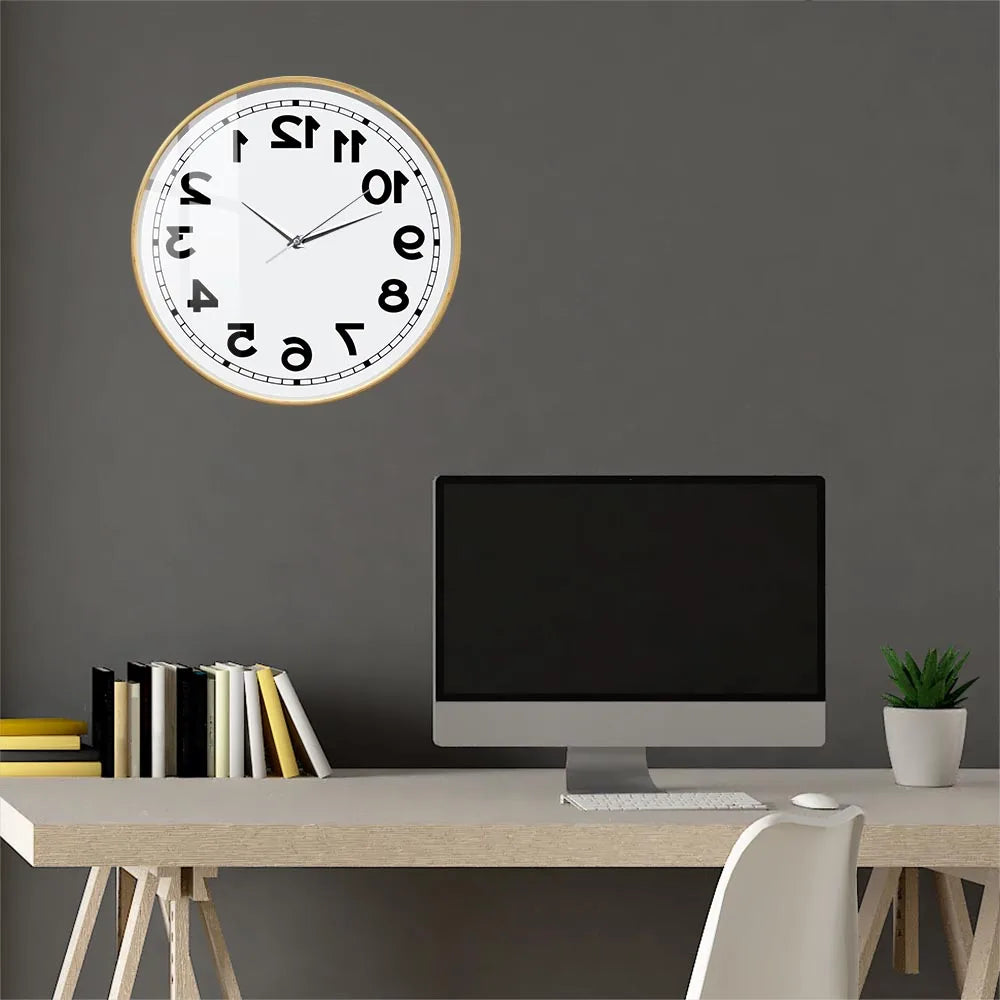 Wooden-frame Reverse Number Wall Clock displayed in a dark modern home office
