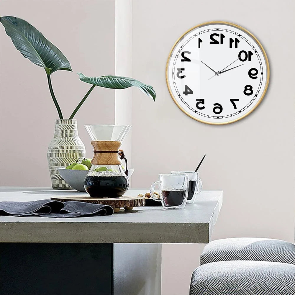 Wooden-frame Reverse Number Wall Clock displayed above a modern dining table