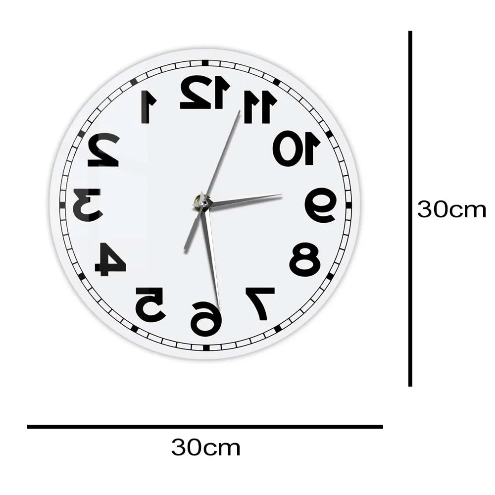 Frameless Reverse Number Wall Clock size guide showing a 30 cm diameter