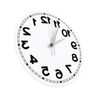 Frameless Reverse Number Wall Clock angled to show its slim acrylic body