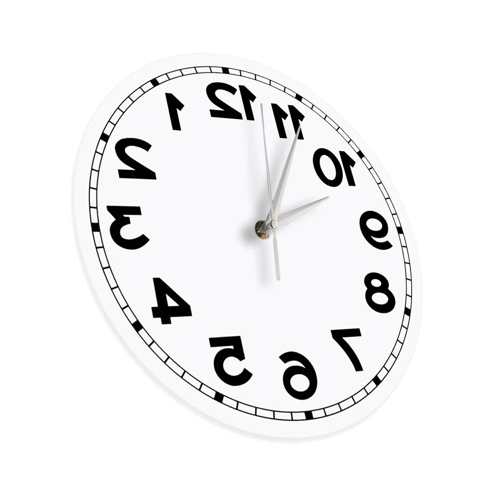 Frameless Reverse Number Wall Clock angled to show its slim acrylic body