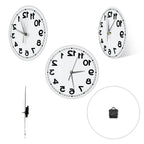 Frameless Reverse Number Wall Clock shown from front, side, and back with quartz movement