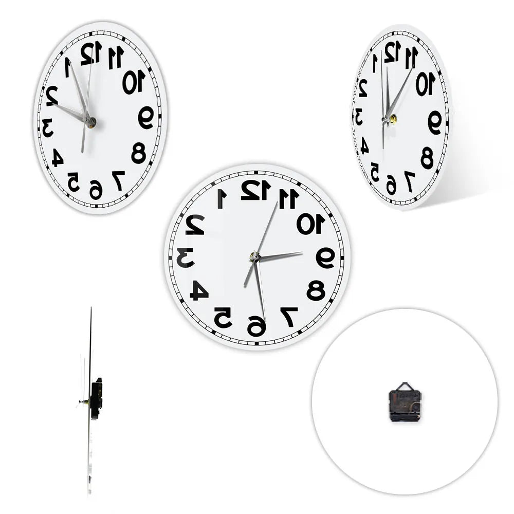 Frameless Reverse Number Wall Clock shown from front, side, and back with quartz movement