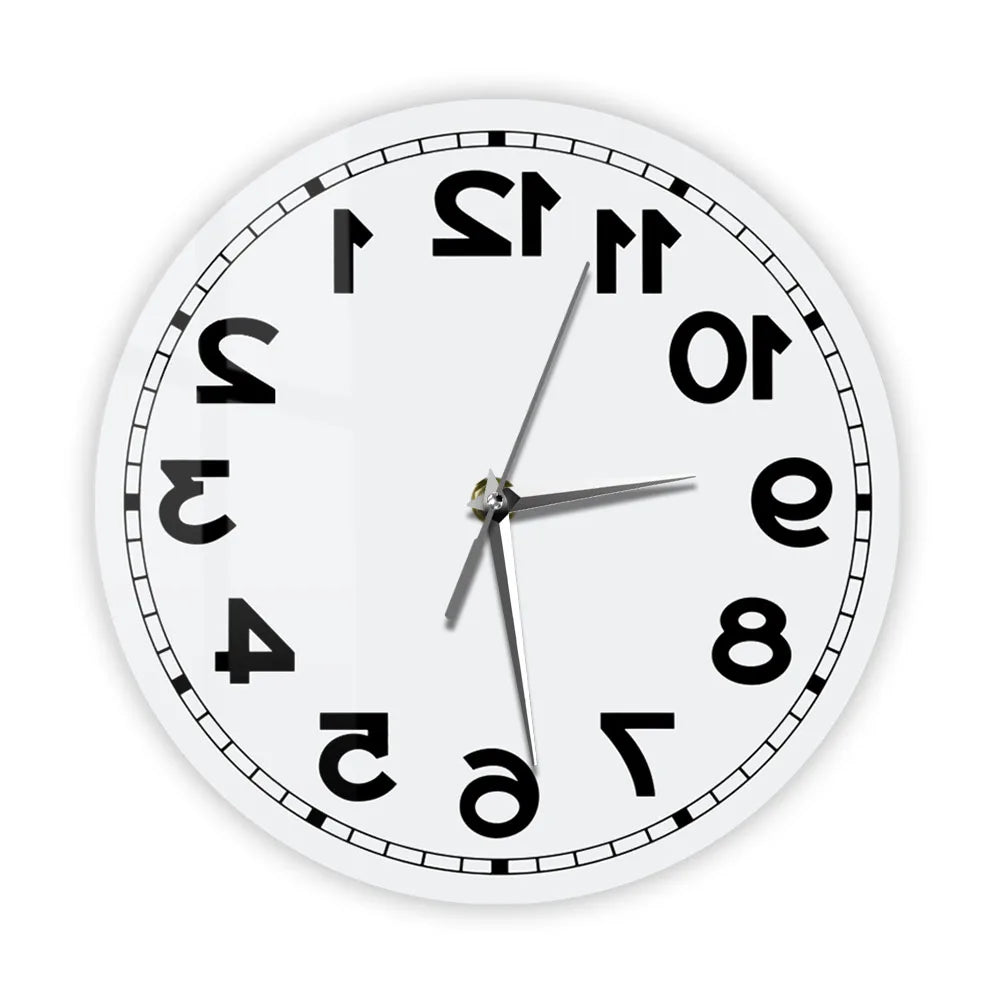 Reverse Number Wall Clock frameless acrylic variant with white face and bold black reversed numerals