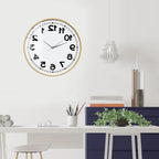 Wooden-frame Reverse Number Wall Clock displayed in a bright modern home office