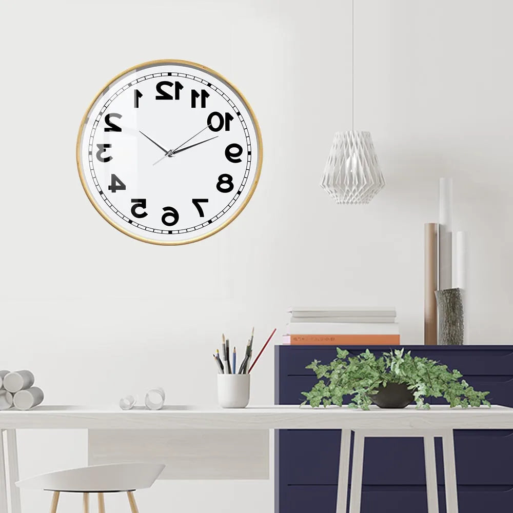 Wooden-frame Reverse Number Wall Clock displayed in a bright modern home office