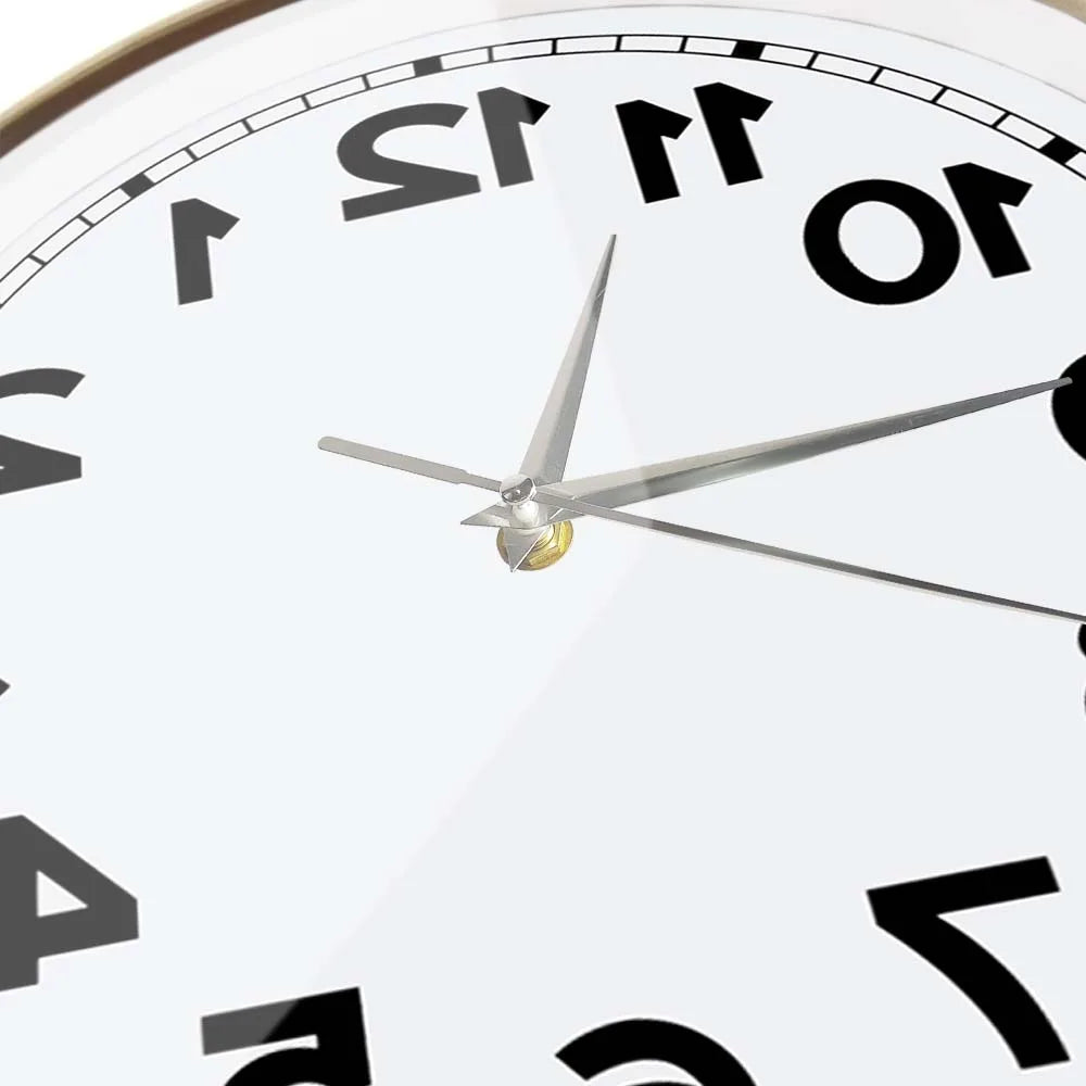 Close-up of the Reverse Number Wall Clock silver hands and reversed number face