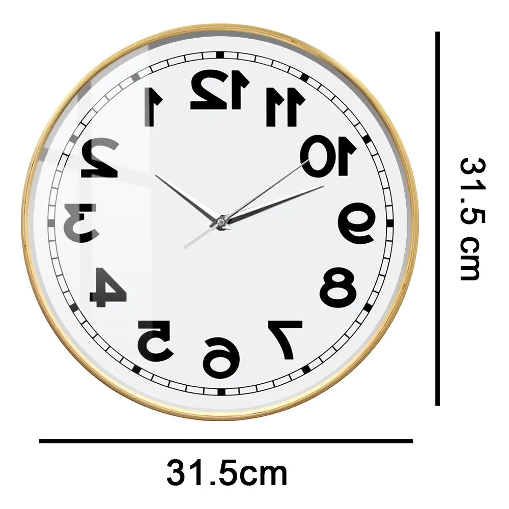 Wooden-frame Reverse Number Wall Clock size guide showing a 31.5 cm diameter