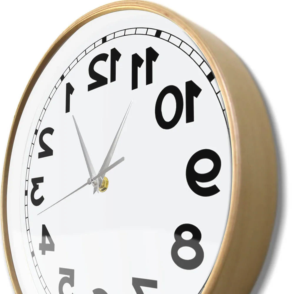 Wooden-frame Reverse Number Wall Clock angled close-up with glass cover