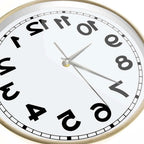 Close-up of the wooden-frame Reverse Number Wall Clock face and reversed numerals
