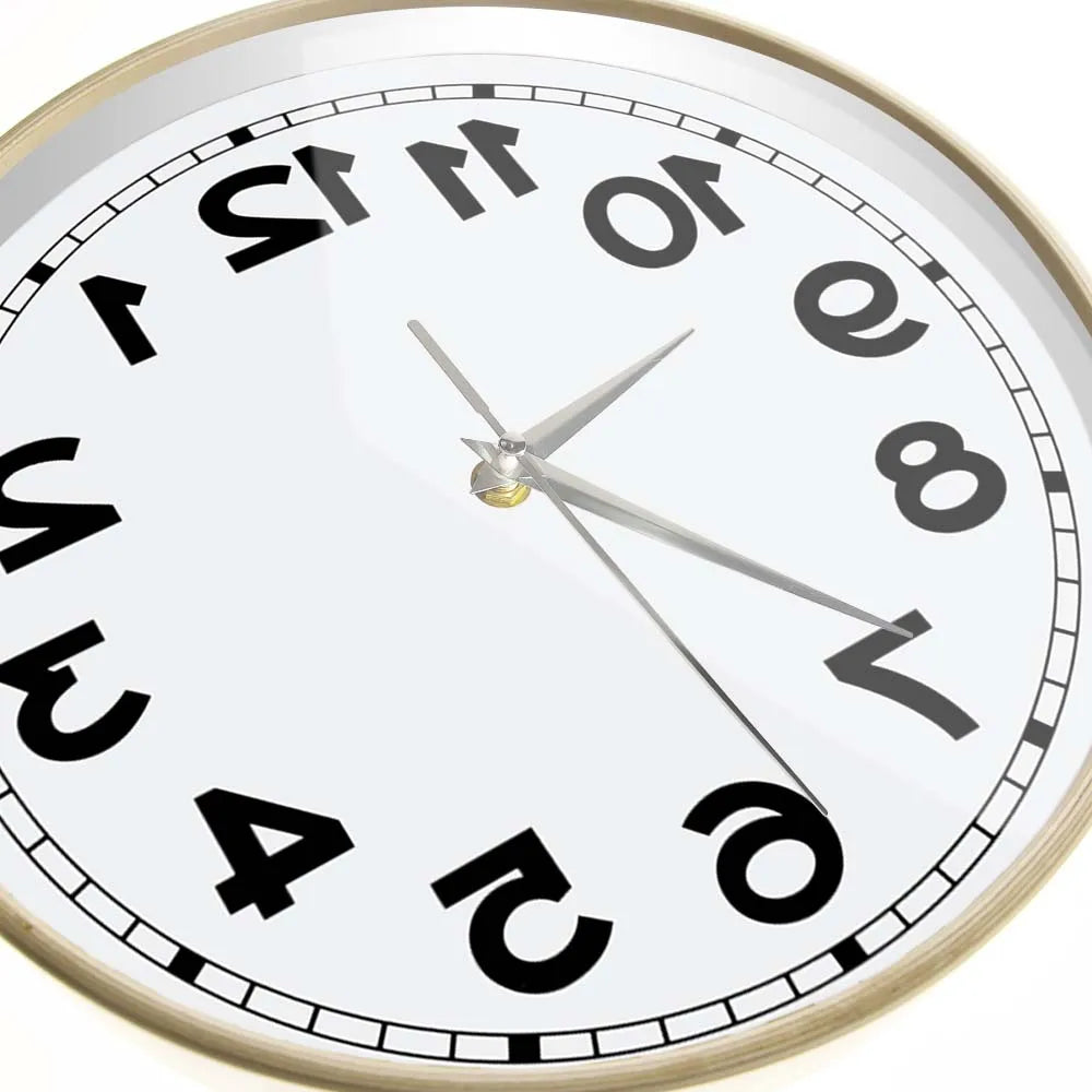 Close-up of the wooden-frame Reverse Number Wall Clock face and reversed numerals