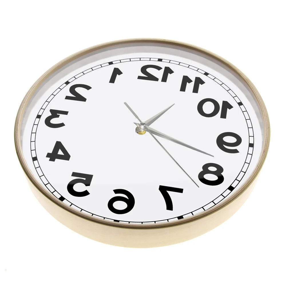 Wooden-frame Reverse Number Wall Clock shown at a low angle on a white background