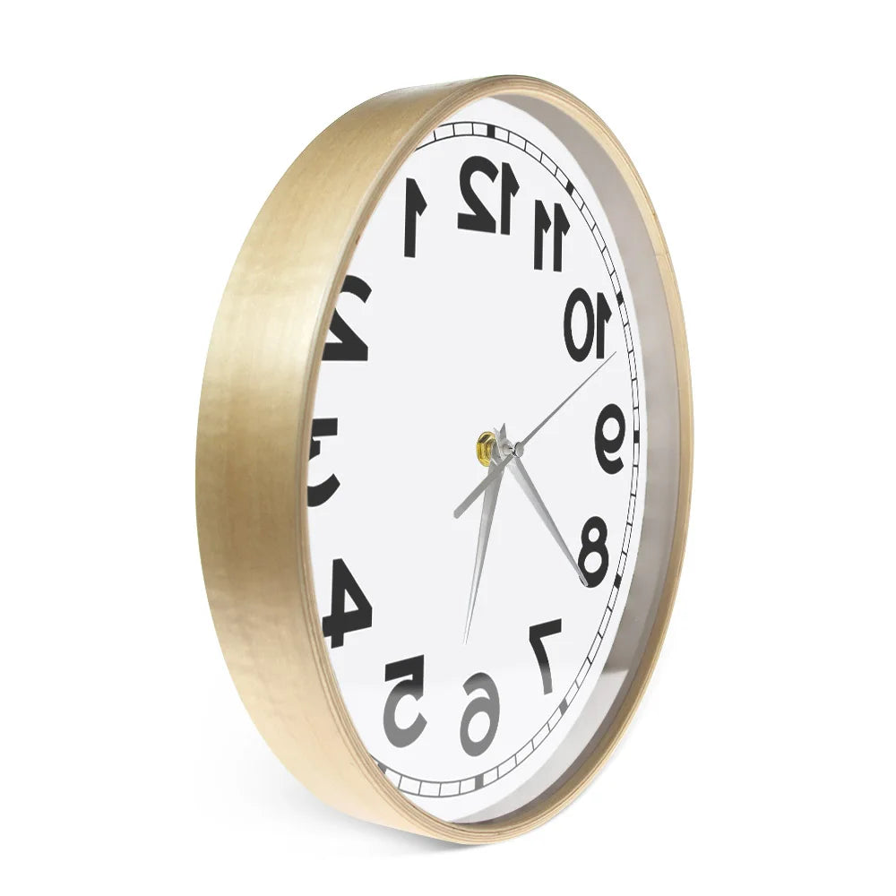 Wooden-frame Reverse Number Wall Clock shown from the side with glass-covered face