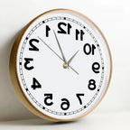 Wooden-frame Reverse Number Wall Clock standing upright at an angle