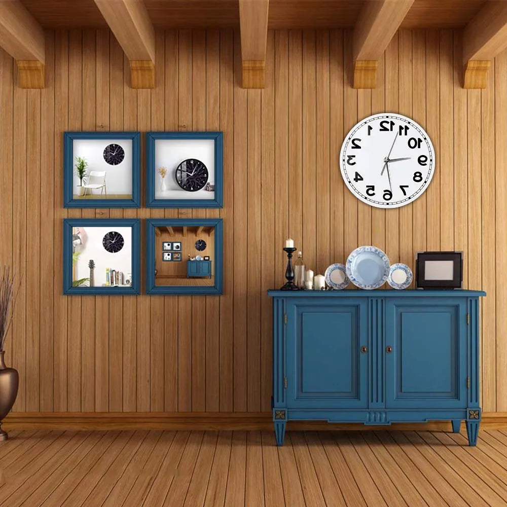 Frameless Reverse Number Wall Clock displayed in a wood-paneled living room