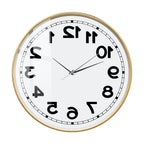 Reverse Number Wall Clock wooden-frame variant with glass cover and reversed black numerals